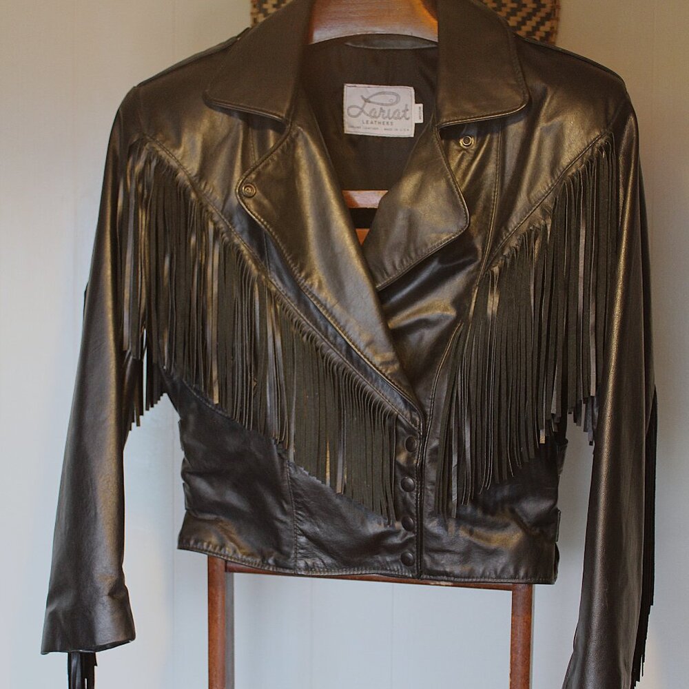 Lariat Black Genuine Vintage Leather Fringe Women's Jacket Size Medium